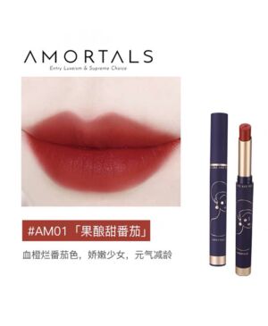  AMORTALS wood, soft cloud, soft mist, blue velvet lipstick, #AM01 fruit, sweet tomato